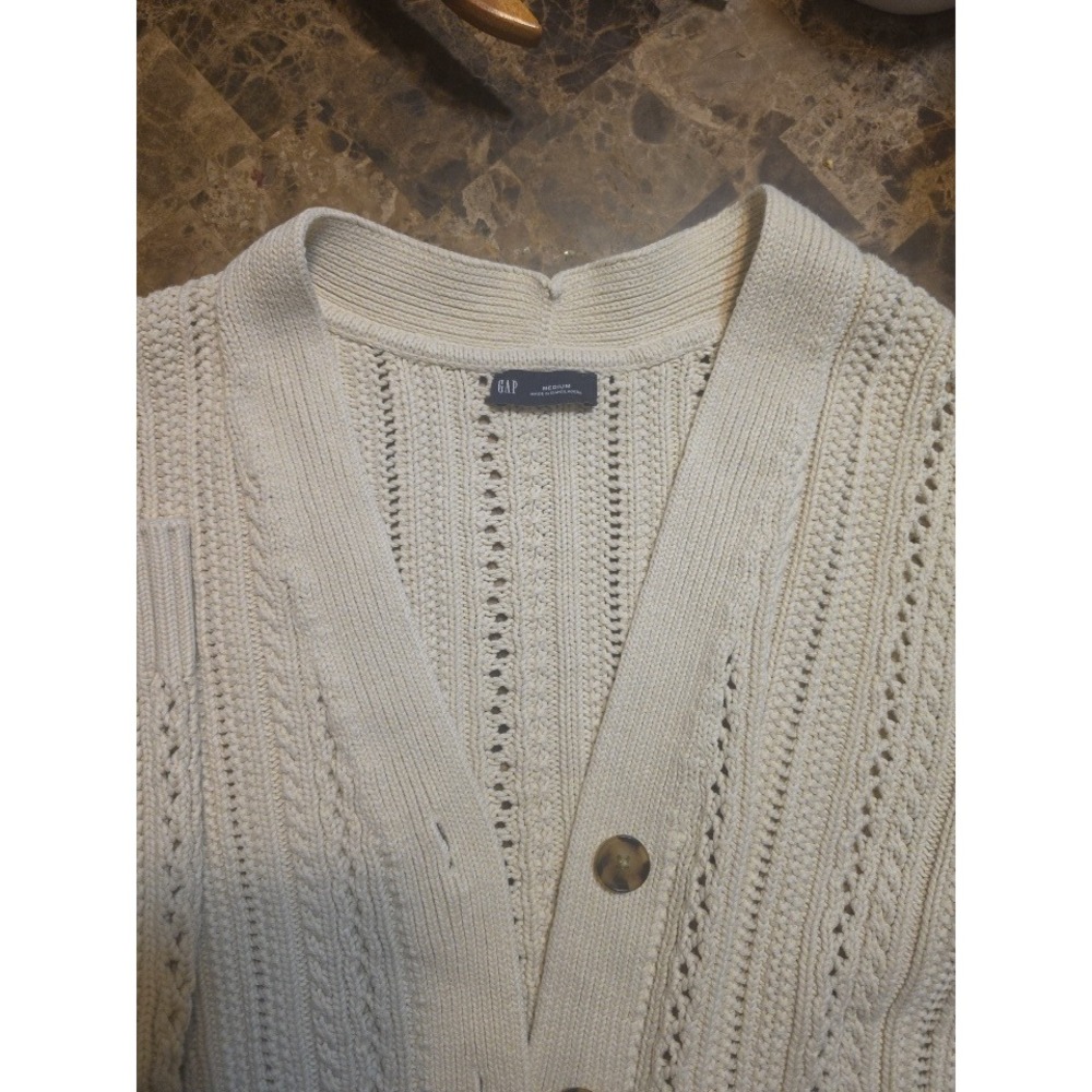 Gap Womens Cardigan Sweater Cream Cropped Pointelle Cable Knit V-Neck Medium - Picture 8 of 9